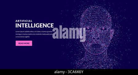 Silhouette della testa umana vettoriale realizzata con punti. Illustrazione della vista frontale di particelle astratte uomo o donna. Concetto per tecnologia, intelligenza artificiale, innovazione, mente digitale Illustrazione Vettoriale