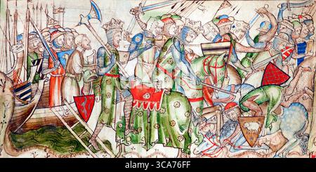 Harald Hardrada (Harald Sigurdsson, c. 1015-1066). Illustrazione che mostra l'arrivo di re Harald di Norvegia e la sua sconfitta dei Northumbriani a Fulford, da "la vita di re Edoardo il Confessore" di Matthew Paris, XIII secolo. Foto Stock