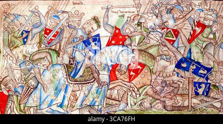 Harald Hardrada (Harald Sigurdsson, c. 1015-1066). Illustrazione che mostra re Harald di Norvegia nella battaglia di Stamford Bridge, dalla vita di re Edoardo il Confessore di Matthew Paris, XIII secolo. Harald morì a Stamford Bridge. Foto Stock