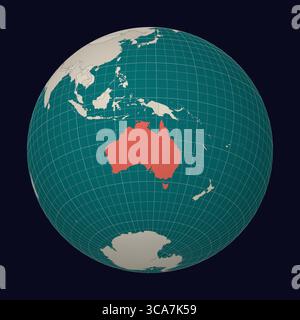 L'Australia sulla mappa. Globo incentrato sull'Australia. Posizione del paese sulla mappa del mondo. Tavolozza colori color Menta pallido. Illustrazione Vettoriale