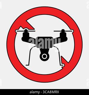Rappresentazione visiva di un segnale di zona senza droni con un'icona nera di droni all'interno di un cerchio rosso, che sottolinea la sicurezza e la regolamentazione nelle aree ristrette. Illustrazione Vettoriale