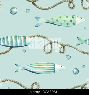 Corde, pesci e bolle in toni chiari di menta su sfondo pastello turchese. Illustrazione ad acquerello dipinta a mano. Modello senza cuciture per il confezionamento Foto Stock