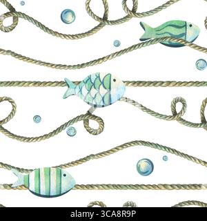 Funi marine con pesci e bolle d'aria su sfondo chiaro. Illustrazione ad acquerello dipinta a mano. Motivo senza cuciture per imballaggi, carta da parati e. Foto Stock