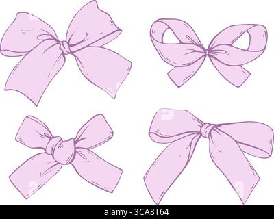 Set di piccoli e graziosi fiocchi in tessuto rosa realizzati con nastri di raso e seta. Illustrazione disegnata a mano con inchiostro nella grafica in stile line art. Per le donne Illustrazione Vettoriale