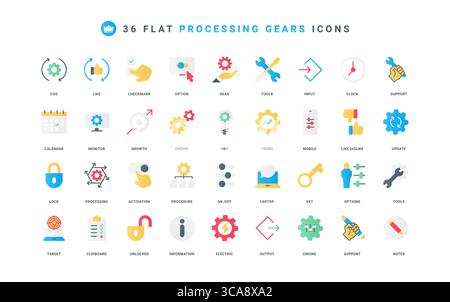 Supporto del processo, ingranaggi con frecce e cursori delle impostazioni simboli sottili illustrazione vettoriale. Ingranaggi di lavorazione, ruota dentata di meccanismo e macchinari, set di icone piatte per utensili di riparazione Illustrazione Vettoriale
