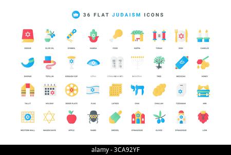 Religione ebraica, sinagoga e rotolo della Torah, festa per gli ebrei, set di icone a colori. Leone e mezuzah, libro Siddur e ritratto rabbino, carità tzedakah, simbolo Chai elementi piatti illustrazione vettoriale Illustrazione Vettoriale