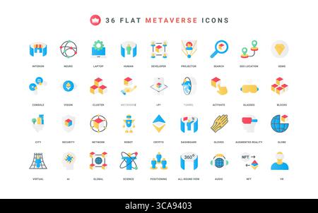 Metaverse, rete virtuale globale e realtà aumentata, innovazione scienza tecnologia del futuro, set di icone a colori per i giochi. AI e schermo a 360 gradi, NFT e illustrazione vettoriale di elementi piatti crittografici Illustrazione Vettoriale