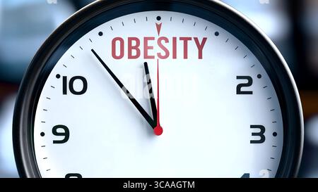 Obesità che sta per accadere presto. Obesità in arrivo, in avvicinamento nel prossimo futuro. Obesità quasi qui, in breve tempo - un orologio simboleggia un re Foto Stock