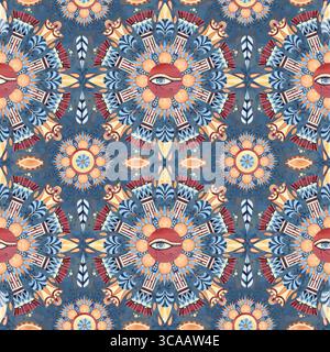 Motivo tribale egiziano senza cuciture, round arabeschi attorno all'occhio di Horus, antico ornamento etnico orientale. Motivi geometrici simmetrici in stile tappeto Foto Stock