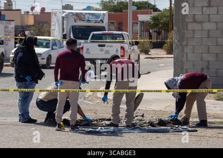 La squadra legale indaga sulla scena del crimine a Ciudad Juarez, una città afflitta dalla violenza urbana. Foto Stock