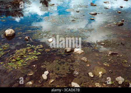 Vista sull'acqua sulla riva del fiume, dettagli della superficie, composizione astratta. Foto Stock