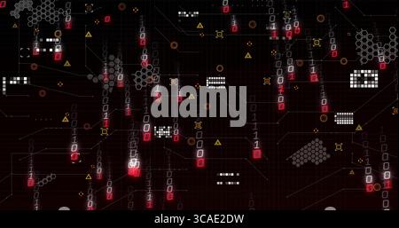 Visualizzazione di 1s e 0s in caduta attraverso l'interfaccia virtuale, con cluster esagonali e triangoli di avvertimento Foto Stock