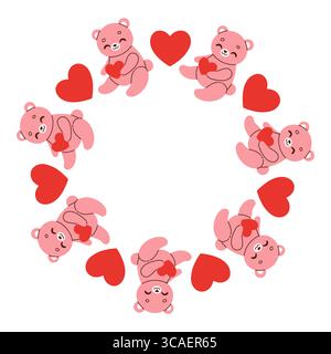 Semplice telaio circolare diurno Valentine. Bordo rotondo a tema d'amore fatto di diversi oggetti d'amore. Colori rosa e rosso buon san valentino, banner disegnato a mano Illustrazione Vettoriale