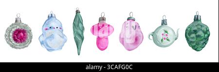 Set di giocattoli rétro per alberi di Natale. Illustrazioni isolate in acquerello. Questi coloratissimi ornamenti in vetro sono perfetti per festeggiare le vacanze e valorizzare le decorazioni natalizie Foto Stock