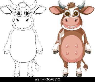 Adorabile mucca con contorno e versioni colorate Illustrazione Vettoriale