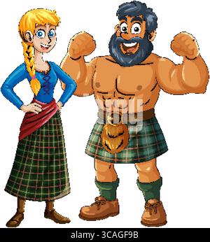 Illustrazione vettoriale di un uomo muscoloso sorridente che si flette e di una donna allegra, entrambi indossano tradizionali kilt scozzesi con colori vivaci e un outl pulito Illustrazione Vettoriale