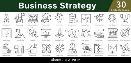 Icone di linea modificabili per strategia aziendale impostate per pianificazione, gestione, sviluppo aziendale e strategico Illustrazione Vettoriale