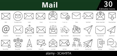 Icone di linea modificabili posta impostate per e-mail, messaggio, comunicazione e servizi postali Illustrazione Vettoriale