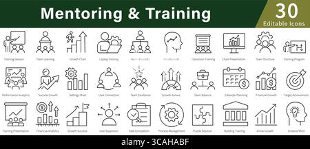Set di icone di linea modificabili per la formazione di mentoring per l'istruzione, il coaching, lo sviluppo e la crescita professionale Illustrazione Vettoriale