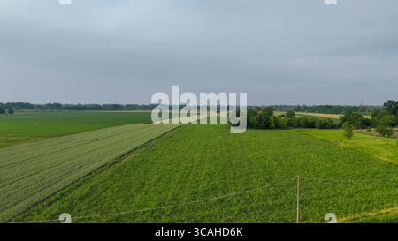 Il paesaggio rurale della Pianura Padana presenta vivaci campi coltivati fattorie e il lontano skyline di Cremona vicino a Castelvetro Piacentino Foto Stock