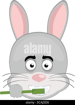 illustrazione vettoriale personaggio emoticon volto animale roditore coniglio, lavarsi i denti con uno spazzolino da denti Illustrazione Vettoriale