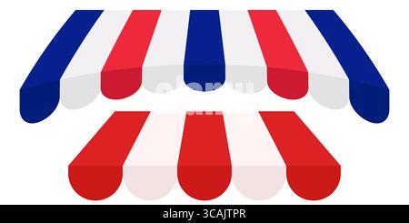 Tenda Vector vintage Market in rosso bianco blu. Tetto in tenda a righe per cibo fisso o negozio pop-up. Baldacchino in stile retrò per Street Fair Cafe o Festival. Illustrazione Vettoriale