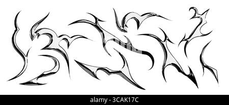 Disegni tribali in metallo y2k con elementi gotici per body art e grafica decorativa. Motivi di fiamma neri astratti con uno stile estetico audace. Moderne illustrazioni vettoriali metalcore. Illustrazione Vettoriale