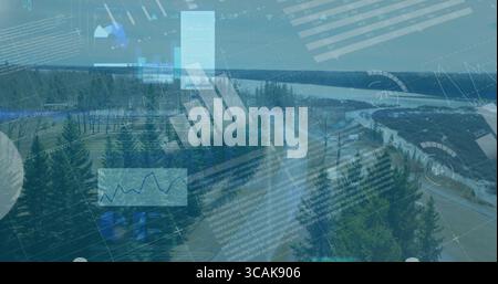 Visualizzazione di strade asfaltate tortuose che attraversano la fitta foresta di conifere in riva al lago, con sovrapposizioni di dati Foto Stock