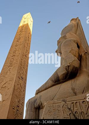 Obelisco e statua di Ramses II all'ingresso del tempio di Luxor Foto Stock
