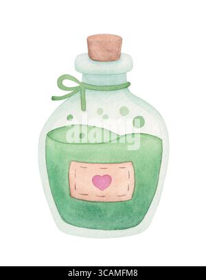 Illustrazione in acquerello di una pozione magica in una bottiglia di vetro con liquido verde. Illustrazione disegnata a mano Halloween, strega elisir. Foto Stock