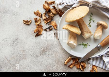 Funghi porcini freschi su piatto con funghi secchi e coltello, pronti per la cottura Foto Stock