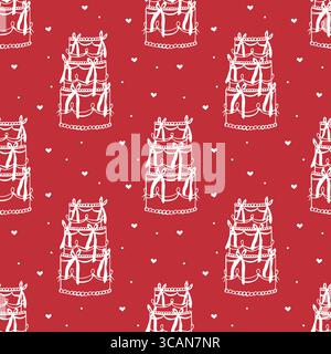 Motivo rosso senza cuciture con stravaganti motivi a forma di torta. Matrimonio disegnato a mano, compleanno, illustrazione della festa Illustrazione Vettoriale