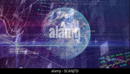 Visualizzazione del globo terrestre 3D che ruota in un'interfaccia high-tech, con etichette e codice binario Foto Stock
