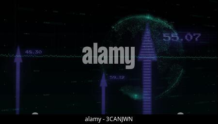 Visualizzazione di grafici a freccia ascendenti con globo digitale 3D sul display con etichette numeriche e forme d'onda Foto Stock