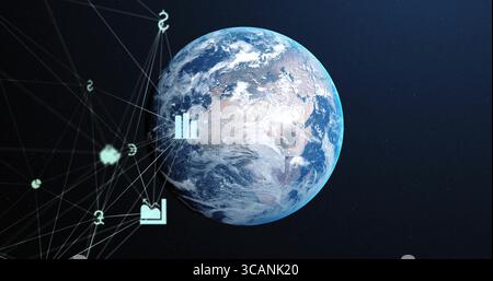 Il pianeta galleggiante Terra rivela terre e nuvole nello spazio profondo, con linee di rete e icone di dati Foto Stock