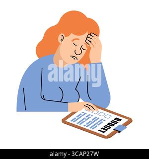 Donna preoccupata che tiene la testa mentre guarda una lunga bolletta medica. Concetto di stress finanziario, spese sanitarie o problemi assicurativi. Ottimo per Illustrazione Vettoriale