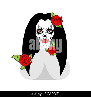 Bella donna con la faccia del cranio e rose rosse nei capelli. Illustrazione gotica che simboleggia l'unità della bellezza e della morte, ispirata a Day of the Dead aest Illustrazione Vettoriale