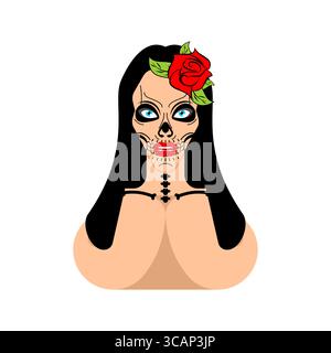 Bella donna con trucco con teschio di zucchero e rose nei capelli, ispirata a dia de los Muertos. Illustrazione elegante e simbolica che unisce bellezza e Illustrazione Vettoriale