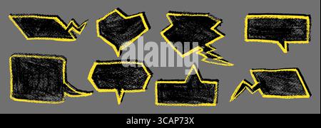 Set di bolle di colore nero con contorno giallo nello stile di scarabocchi scritti a mano in gesso per poster di musica rock, social Illustrazione Vettoriale