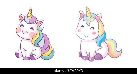 Simpatici unicorni pastello con Rainbow Manes e Happy Smiles Illustrazione Vettoriale