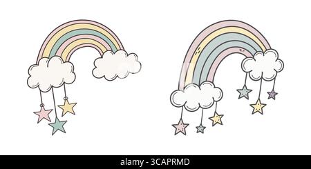 Graziosi arcobaleni pastello con stelle e nuvole Illustrazione Vettoriale