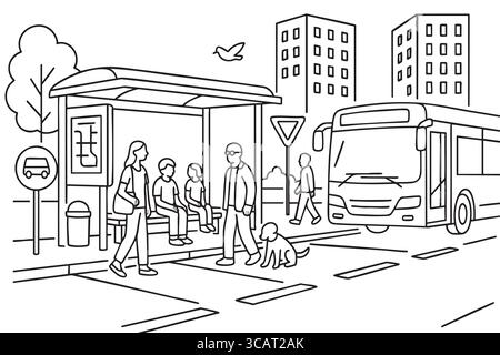 Fermata dell'autobus con gente e cane in città Illustrazione Vettoriale