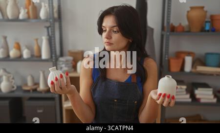 Donna che tiene in mano due vasi in ceramica bianca in uno studio artigianale circondato da scaffali in ceramica e vasi in argilla; contemplazione. Foto Stock