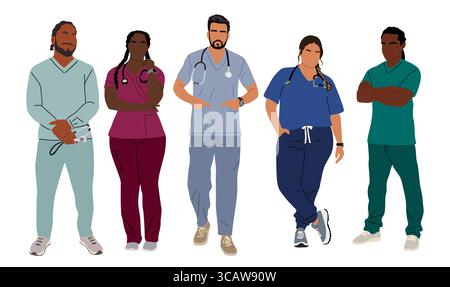 Diversi lavoratori di medicina maschile e femminile in uniforme Illustrazione Vettoriale