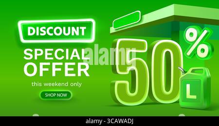 Sconto su una tanica di litri di benzina, sconto del 50% sui litri. Vettore Illustrazione Vettoriale
