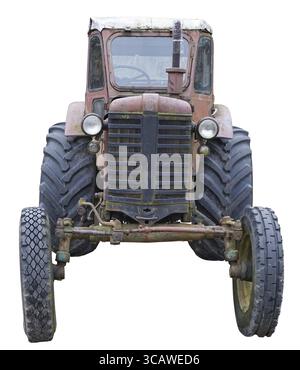 Le luci della griglia anteriore e le ruote di un contadino d'epoca senza nome. Isolato su un primo piano bianco Foto Stock