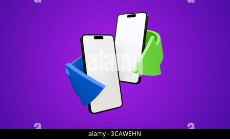 Due telefoni con schermo vuoto mock-up con frecce intorno ad esso isolate su sfondo viola. Foto Stock