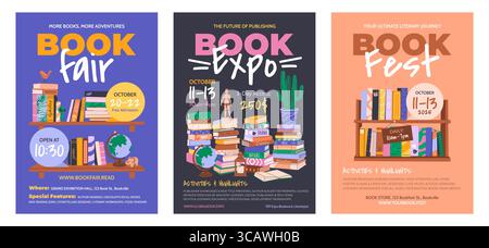 Set di poster per la fiera del libro, il festival e l'esposizione del libro. Illustrazione Vettoriale