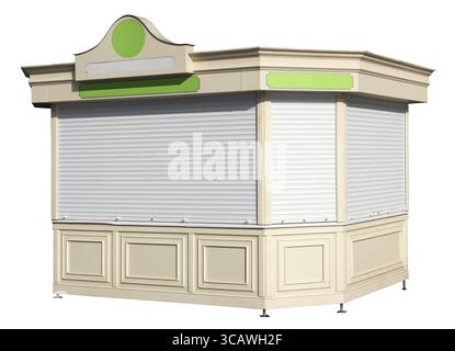 Persiane in acciaio a proteggere la chiusura dello stand di caffè da ladri e vandali a giornata di sole. La produzione di massa. Isolato su bianco con patch Foto Stock