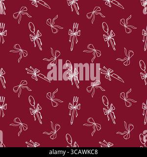 Motivo romantico rosso con posate vintage. Forche, cucchiai, coltelli e archi. sfondo per matrimonio a tema, amore, giorno delle valenze, vacanze e feste. Illustrazione vettoriale Illustrazione Vettoriale